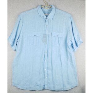 Toscano Aqua Button Up Shirt Long Sleeve 100% Linen Shirt 4XL Light Blue New